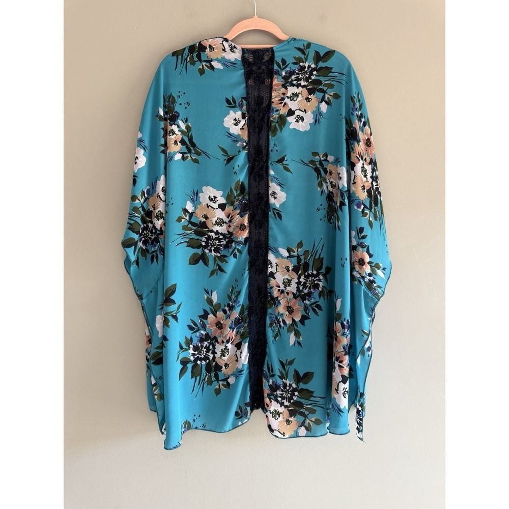 Floral Kimono Cardigan Lace Crochet Sheer Cottage Beach Boho Open Front Duster M - Picture 8 of 15
